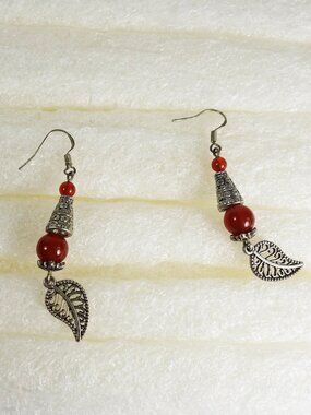 Indian Style Red and Silver Ball, Leaf Earrings EUC